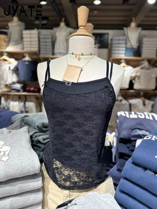 Harajuku Black Lace Sheer Slim Camisole Women Summer Streetwear Sexy Smock All-match Cropped Vests Vintage Sweet Chic Tank Tops