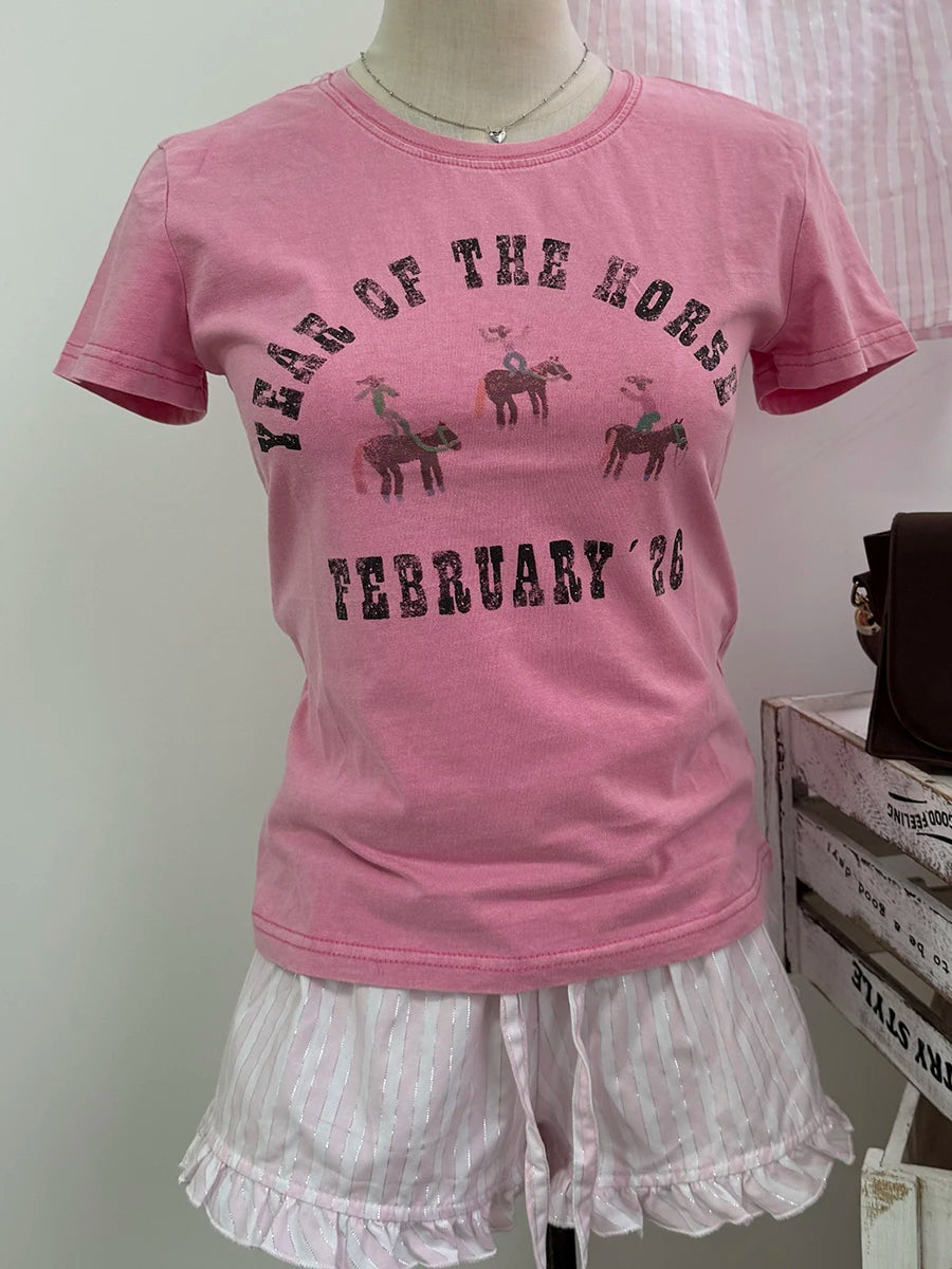 Letter Print T-shirts Women Summer Cotton Casual Streetwear Slim Short Sleeve Tees Sweet Preppy Style Chic Tshirt Y2K