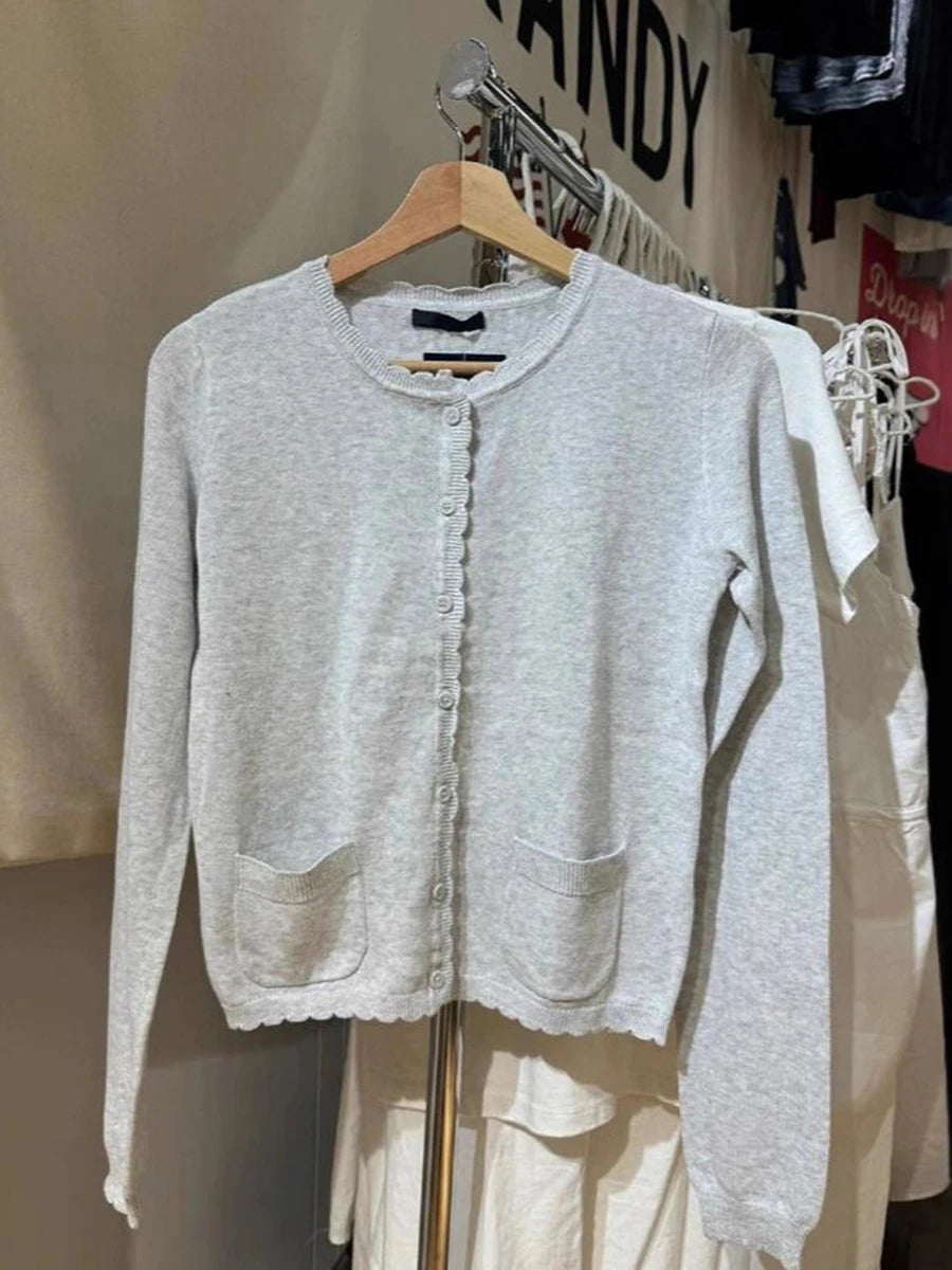 Pink Sweet Pocket Knit Sweater Coat Women Autumn Lace Trim Neck Button Casual Solid Jumper Tops Sweet Cute Preppy Style Cardigan