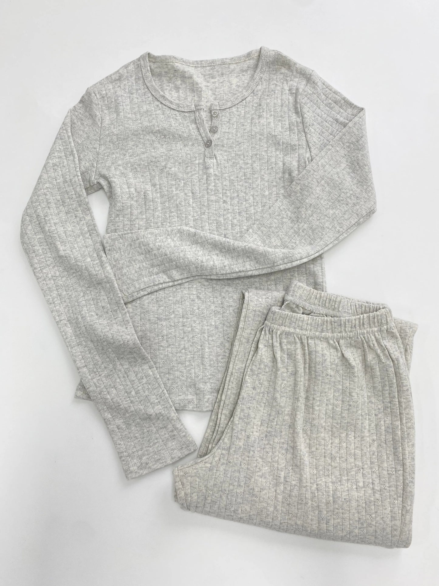 Eyelet 2 Piece Sets Women Navy Buttons Cotton Long Sleeve Tee+Elastic Waist Straight Trousers Home Sweet T-shirt Pant Pajama Set