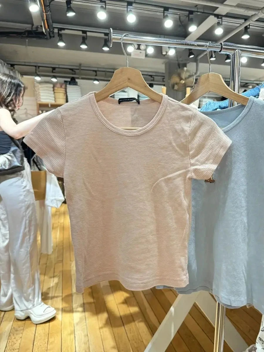 Cute Pink Striped Two Piece Set Women Cotton Slim O-neck T-Shirt With Straight Short Pant Sweet Pajama Tees Shorts 2 Pieces Sets