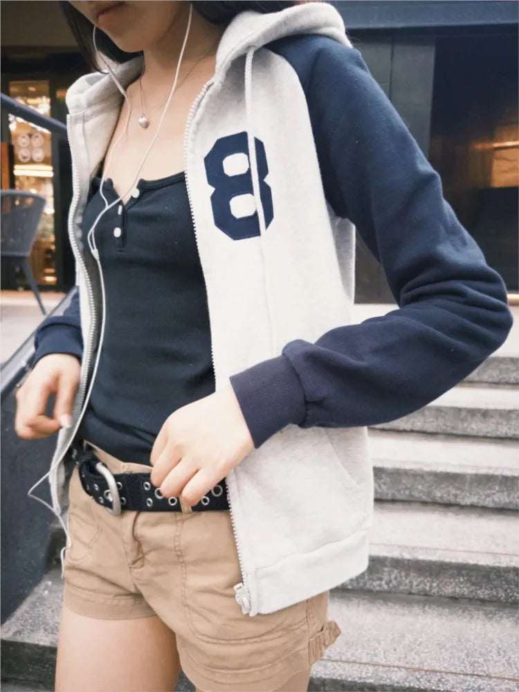 NO.28 Patchwork Long Sleeve Sweatshirts Tops Women New Cotton Slim Chic Pocket Zip-up Pullover Coat Vintage Preppy Style Hoodie