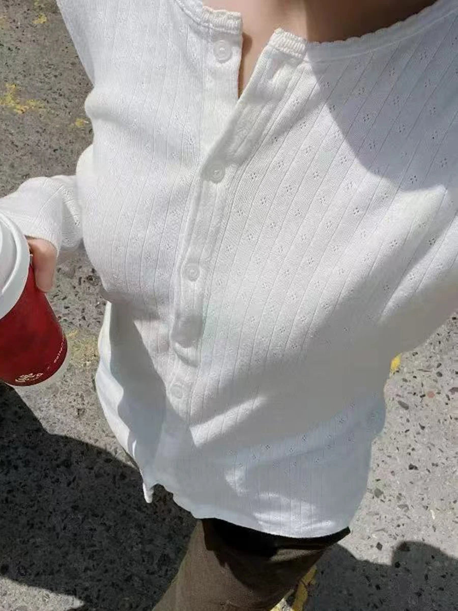 Eyelet Buttons Long Sleeve T-shirt Pants Set Women White Lace Trim O-neck Slim Tees+ Casual Sweatpants Cotton Home 2 Piece Sets