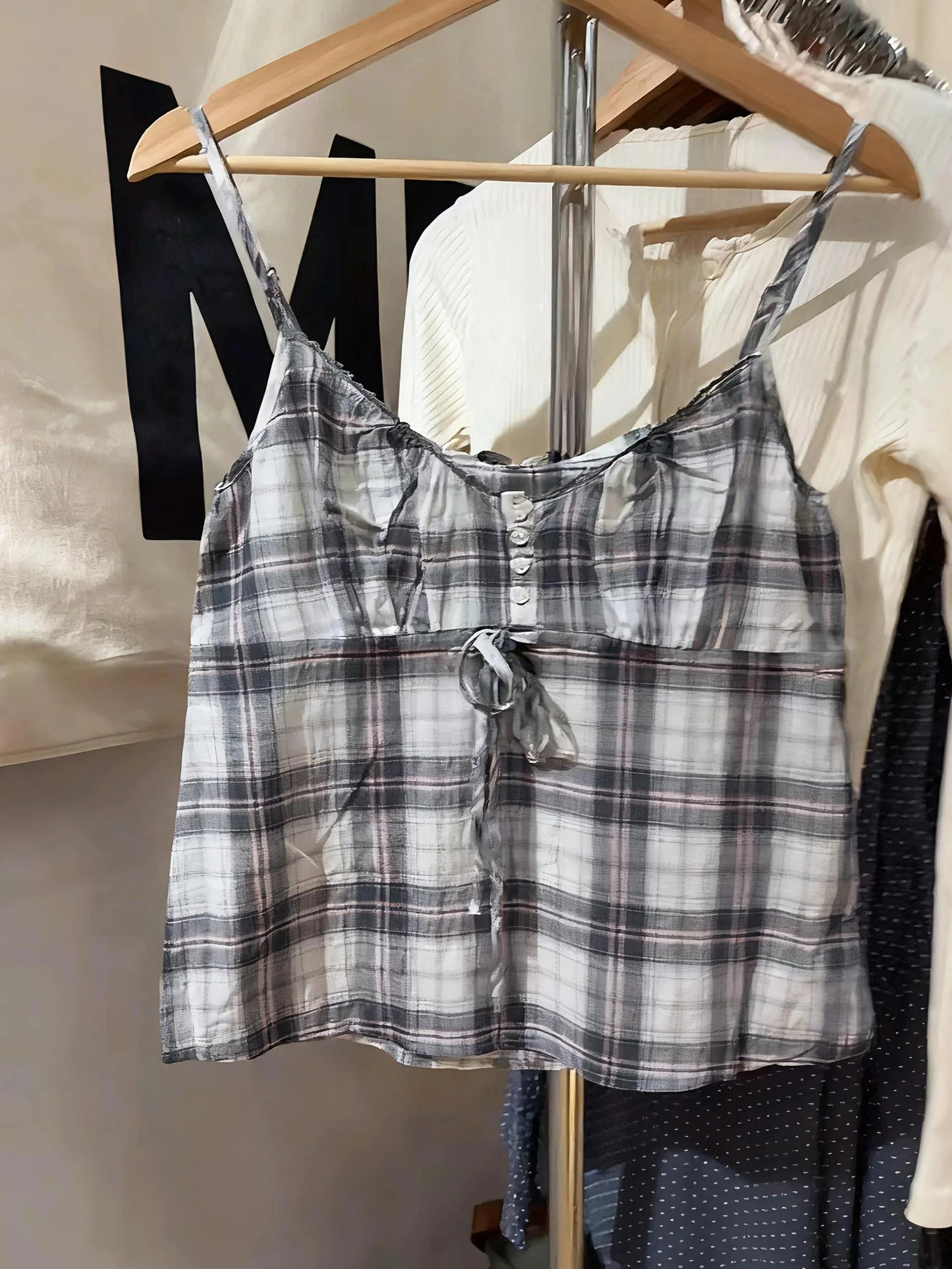 Vintage Black Plaid Lace-up Ruffles Tank Tops Women Summer New Cotton Sexy Slim Buttons Strapless Vests Cute Preppy Camisole Y2K