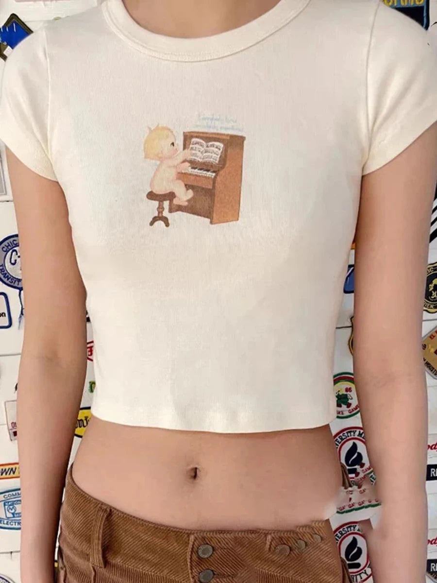 Sweet Angel Bear Print Pink Crop Tops Women New Cotton O-neck Casual Slim Cropped Tees Shirt Cute Preppy Style Chic T-shirts Y2K
