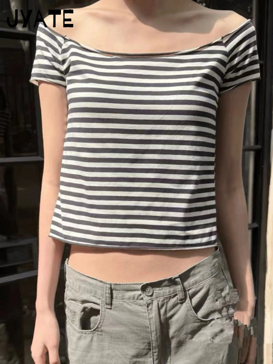 American Striped Slash Neck Slim Crop Tops Women 2024 New Cotton Soft Raw Hem  Short Sleeve Tees Vintage Sweet Chic T-shirts Y2K