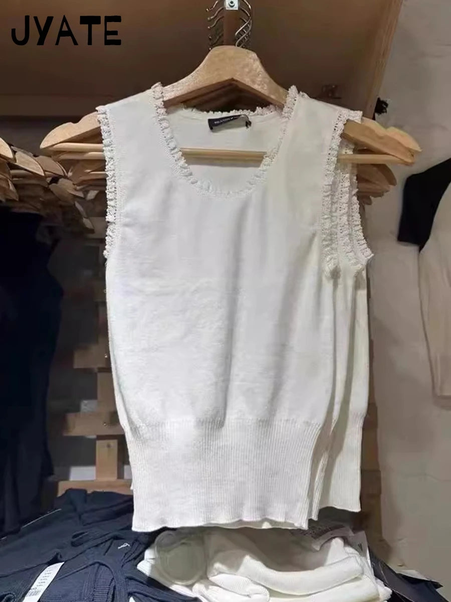 Sweet White Fungus Trim Knitted Tank Tops Women Cotton Soft Round Neck Slim Sleeveless Vests Vintage Simple Casual Crop Top Y2K