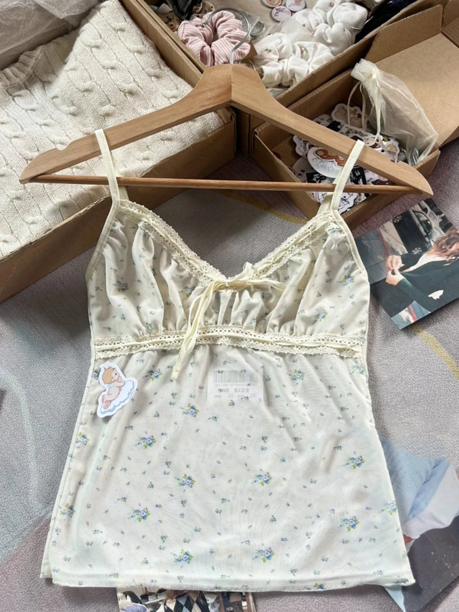 Solid Lace-up V-neck Tank Tops Women Summer Casual Lace Trim Cotton Slim Sleeveless Vests Cute Sweet Preppy Style Camisole Y2K