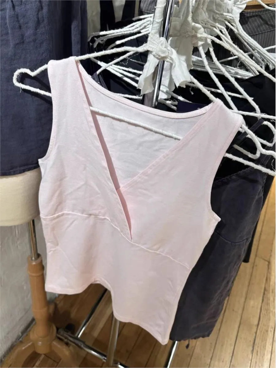 Sweet Pink Slim V-neck Tank Top Women Summer Simple Cotton Sleeveless Camisole Female Casual Preppy Style Basic Y2k Crop Vests