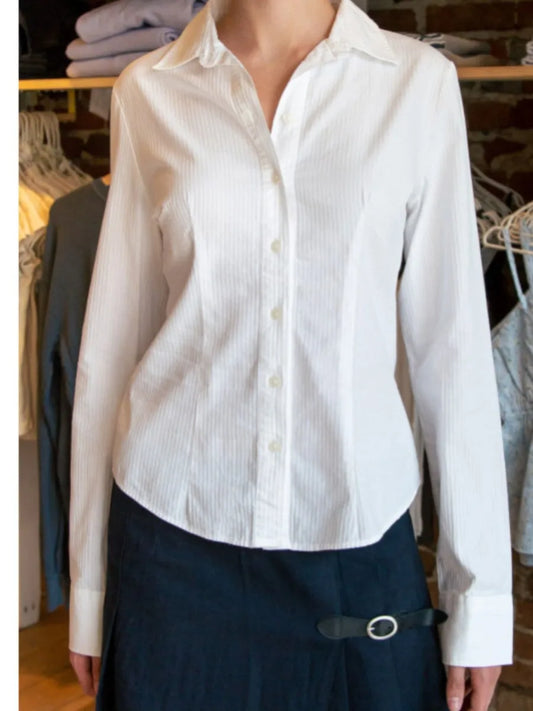 White Buttons Slim Blouse T-shirts Women Summer Casual Turn down Collar Long Sleeve Tees Cute Sweet Preppy Style Y2K Crop Tops