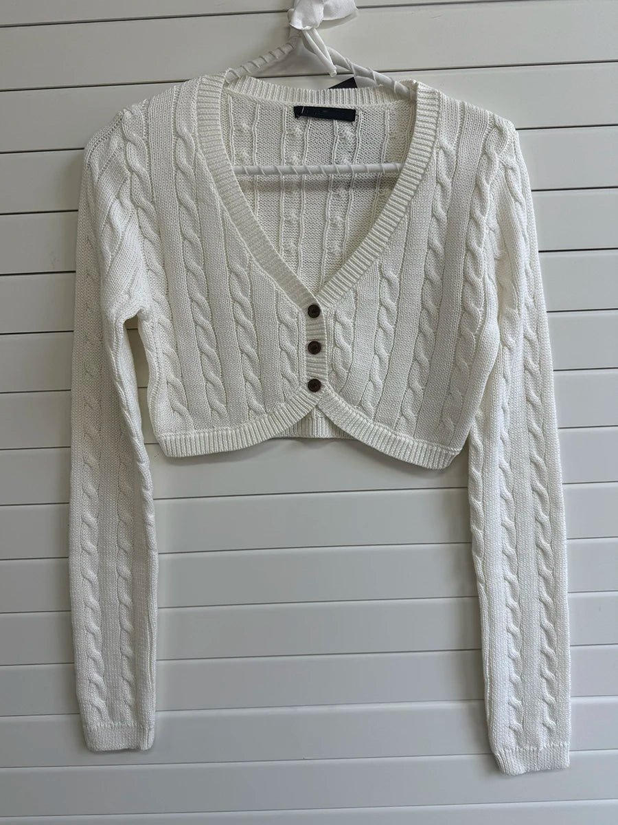 White Cable Knit Cropped Cardigan Women Sexy Chic V-neck Slim Long Sleeve Sweaters Vintage Preppy Style Knitwear Y2K