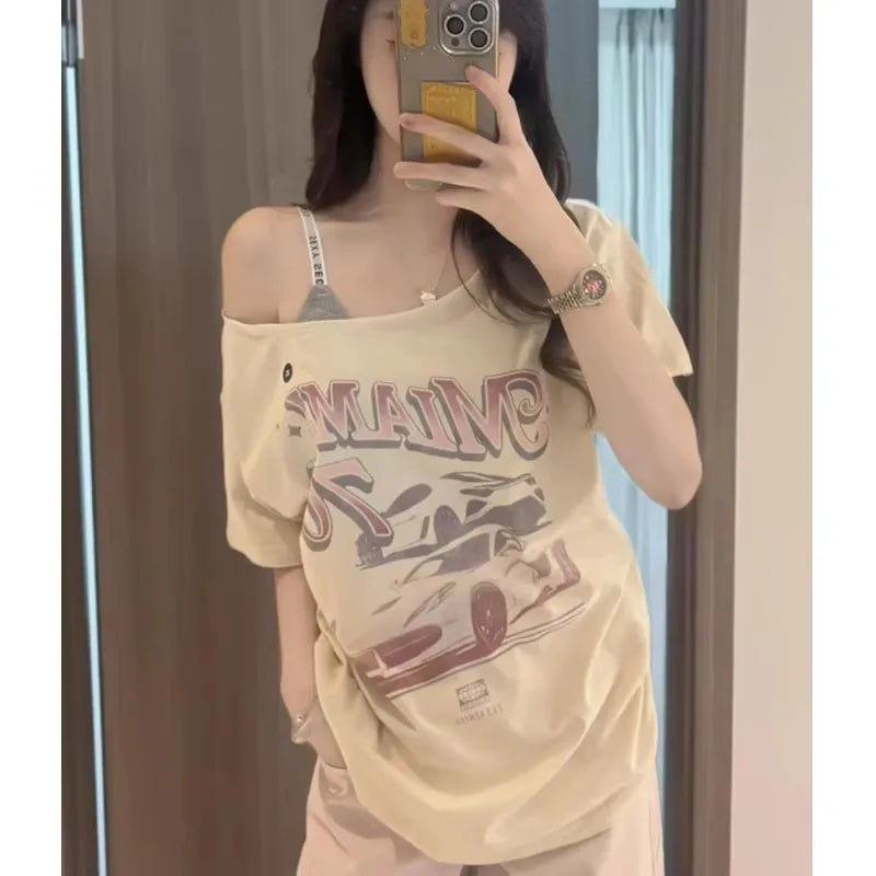 Strawberry Print Cotton T-shirts Women Summer Sexy Slash Neck Loose Short Sleeve Tees Female Sweet Streetwear Preppy Style Tops