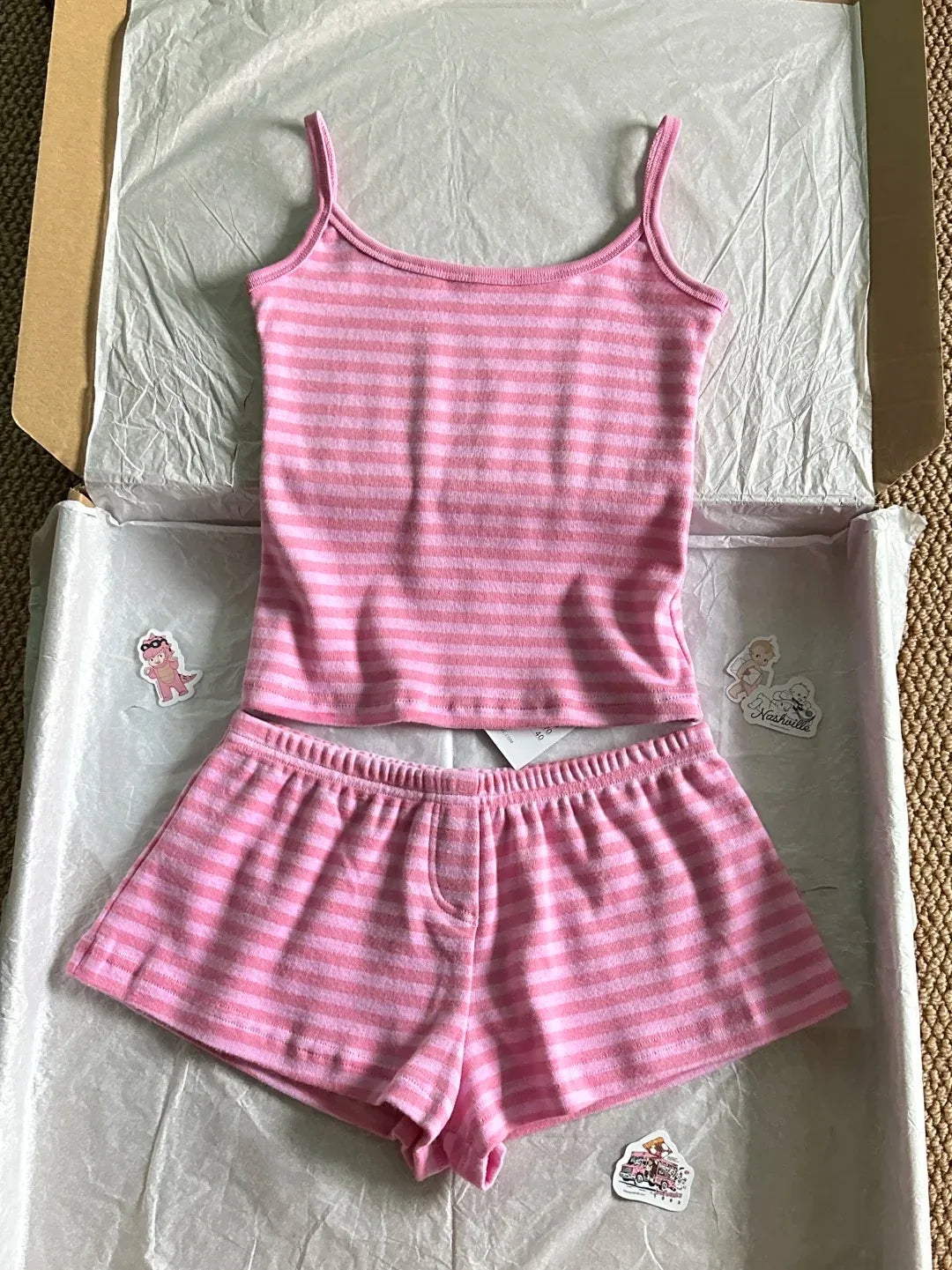Sweet Pink Striped Collection Tshirt Women Simple Casual Cotton Buttons T-shirts Cute Preppy Style  Y2KCamisole+Slim Short Pants