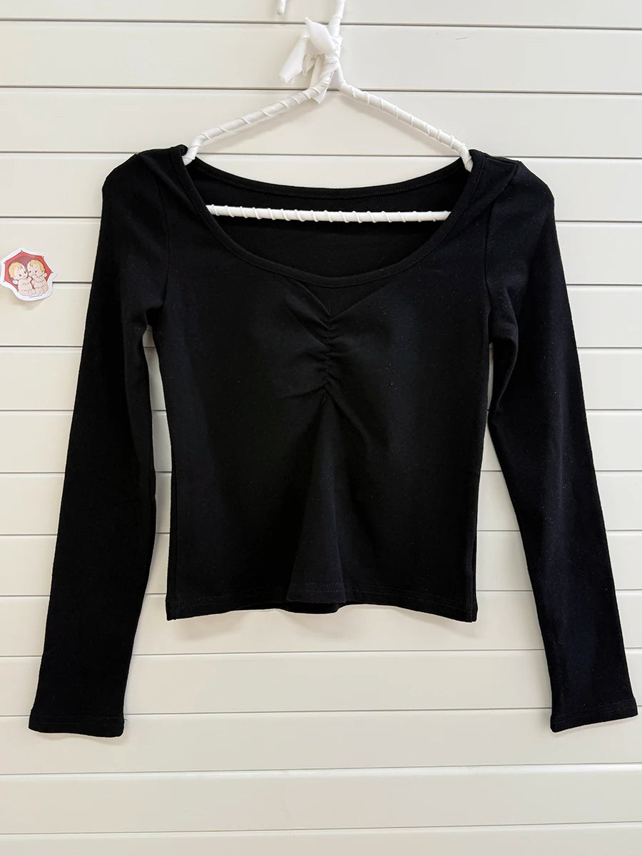 Solid V Neck Slim Long Sleeve T-shirts Fashion Tight Folds Basic Crop Top Woman Spring Casual Street Y2K Summer Tees