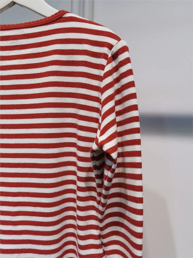 Simple Striped Slim Long Sleeve T-shirt Women Lace Trim O-neck Single Breasted Cotton Tee Shirts Sweet Cute Preppy Style Top New