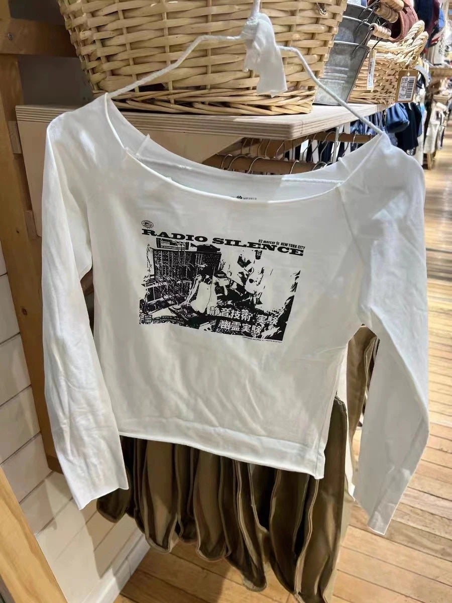 Letter Print SexySlash Neck Long Sleeve Tees Women Cotton Slim Raw Hem Streetwear Casual Tops Vintage Simple Chic Y2K T-shirts