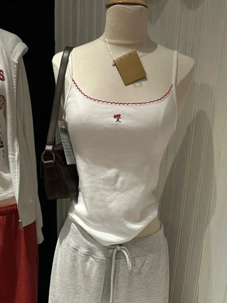 Lace Trim Red Floral Embroidery Crop Top Women White Cotton Slim Sleeveless Camisole Sweet Girls Cute Tank Tops Y2K Clothes New