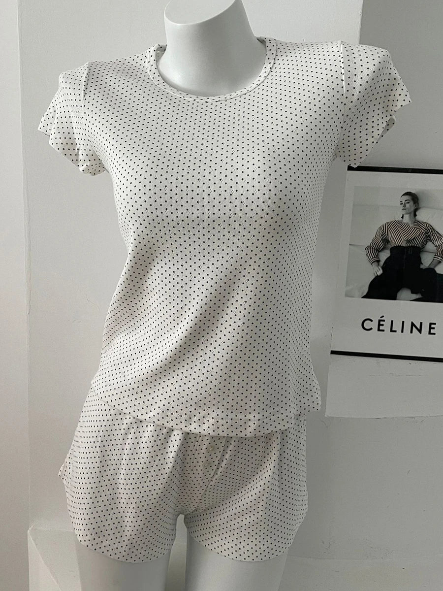 Eyelet Floral Print T-shirt Shorts Outfit Women Cotton O-neck Slim Tees +Buttons Straight Sweatshort Sweet Home 2 Pieces Set New