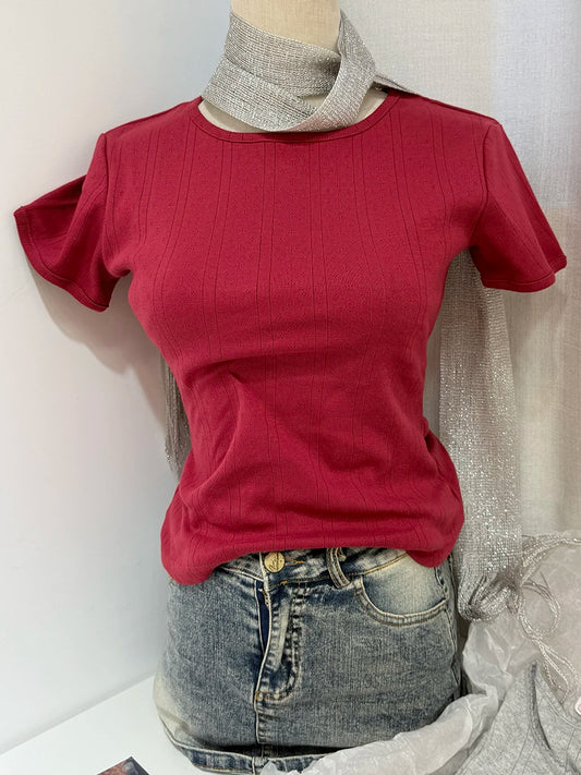 Red Eyelet O-neck Short Sleeve Tees Women New Casual Slim Cotton Simple Baisc Tops Vintage All-match T-shirts Y2K top