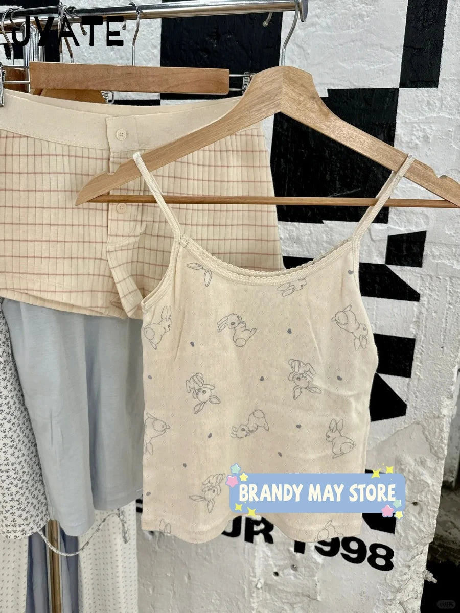 Cute Rabbit Print Eyelet Camisole Women New Cotton Casual Lace Trim Preppy Style Sleeveless Vests Sweet Cozy Pajamas Tank Tops