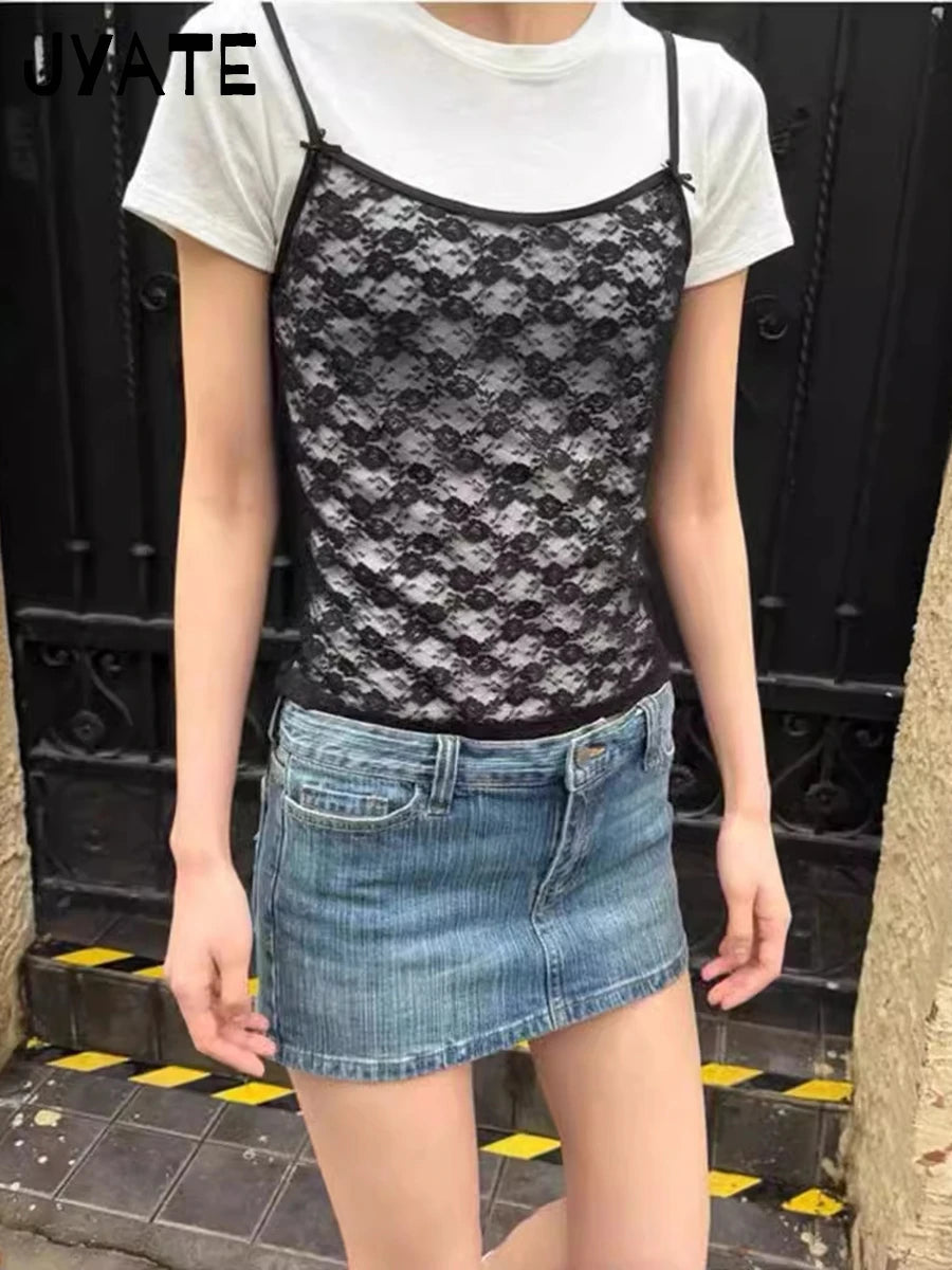 Harajuku Black Lace Sheer Slim Camisole Women Summer Streetwear Sexy Smock All-match Cropped Vests Vintage Sweet Chic Tank Tops