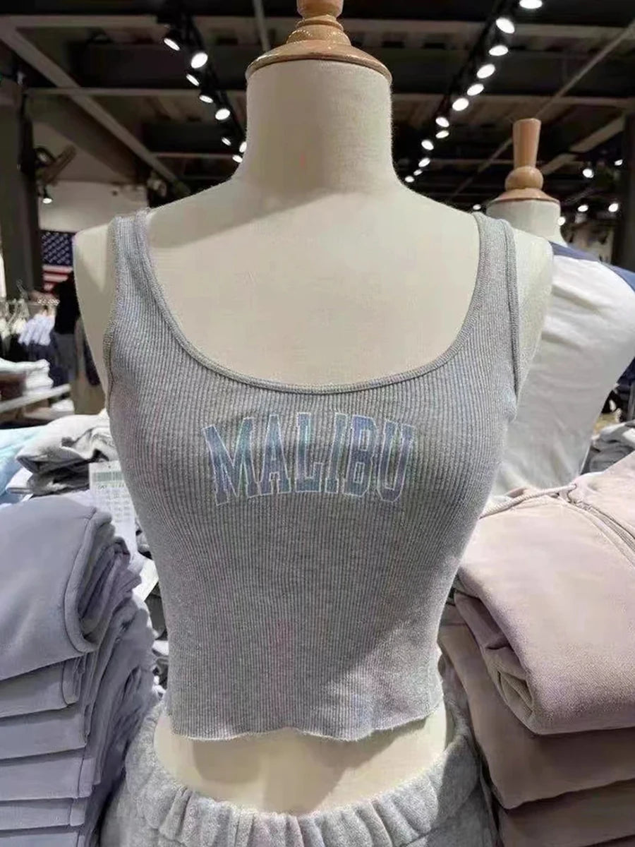 Fashion Gray Letter Print Sleeveless Vests Women Summer Slim Sexy Ribbed Chic Streetwear Crop Tops Female Vintage Y2K Cute Camis
