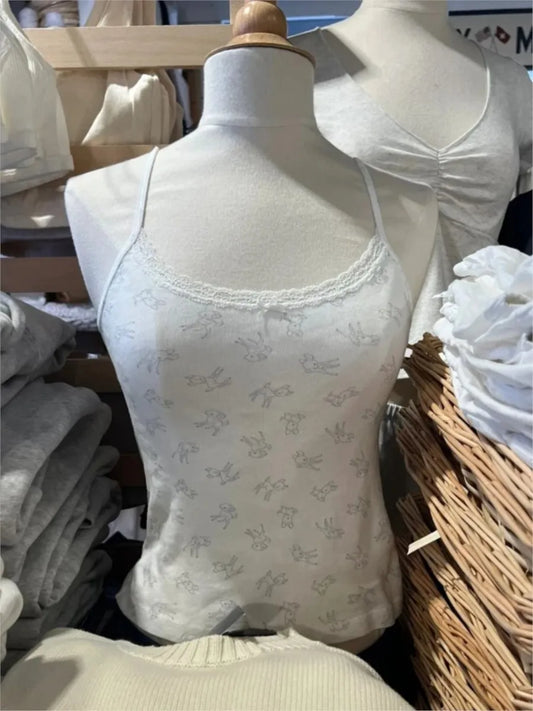 Little Deer Lace Trim Tank Tops Women Summer New Casual Preppy Style Slim Bow Sleeveless Vests Sweet Cute Vintage Camisole Y2K