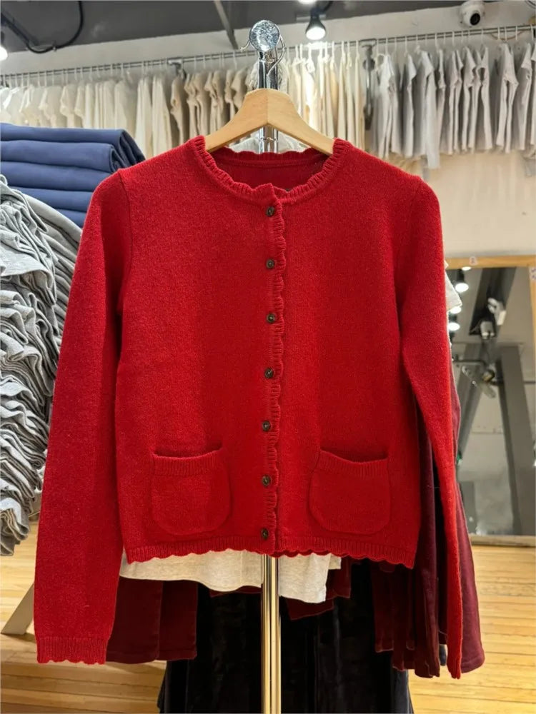 Gray Pockets Knitted Sweater Cardigan Women Autumn Cotton Round Neck Long Sleeve Sweaters Sweet Preppy Style Knitwear Y2K Tops