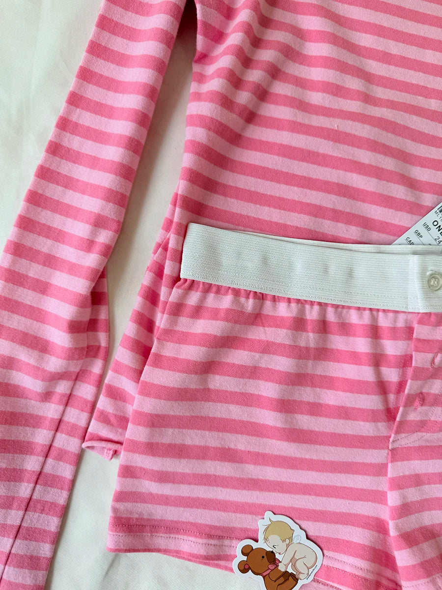 Pink Striped Slash Neck T-shirt Women Summer Casual Streetwear Slim Cotton Short Sleeve Tees Colthes Sweet Cute Simple Tops Y2K