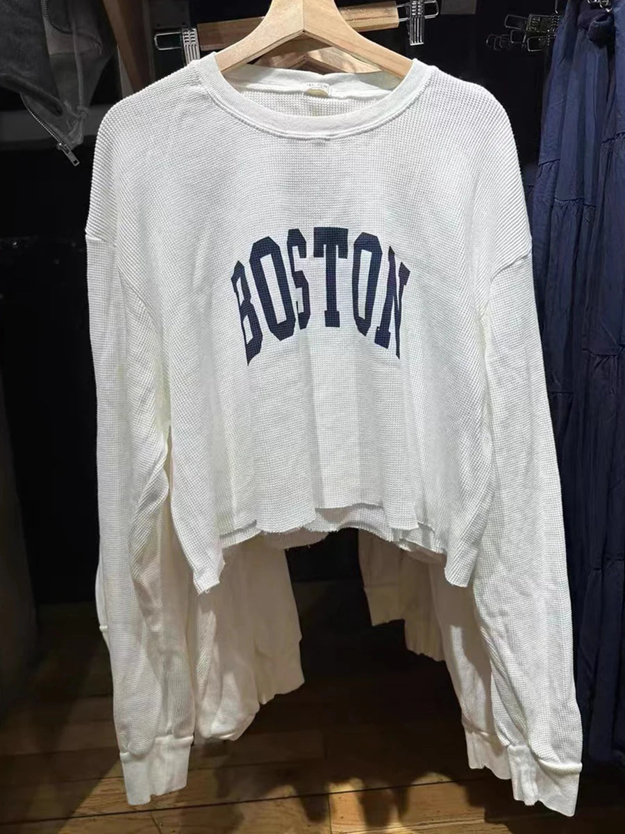 Waffle Letter Print Loose Long Sleeve Tees Women New Cotton White Raw Hem O-neck Tops Female Fashion Vintage Chic Y2K T-shirts