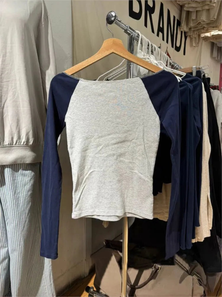 New Patchwork Long Sleeve T-shirt Women Spring Slash Neck Cotton Slim Tee Shirts Female Sweet Streetwear Vintage Tshirt Tops Y2K