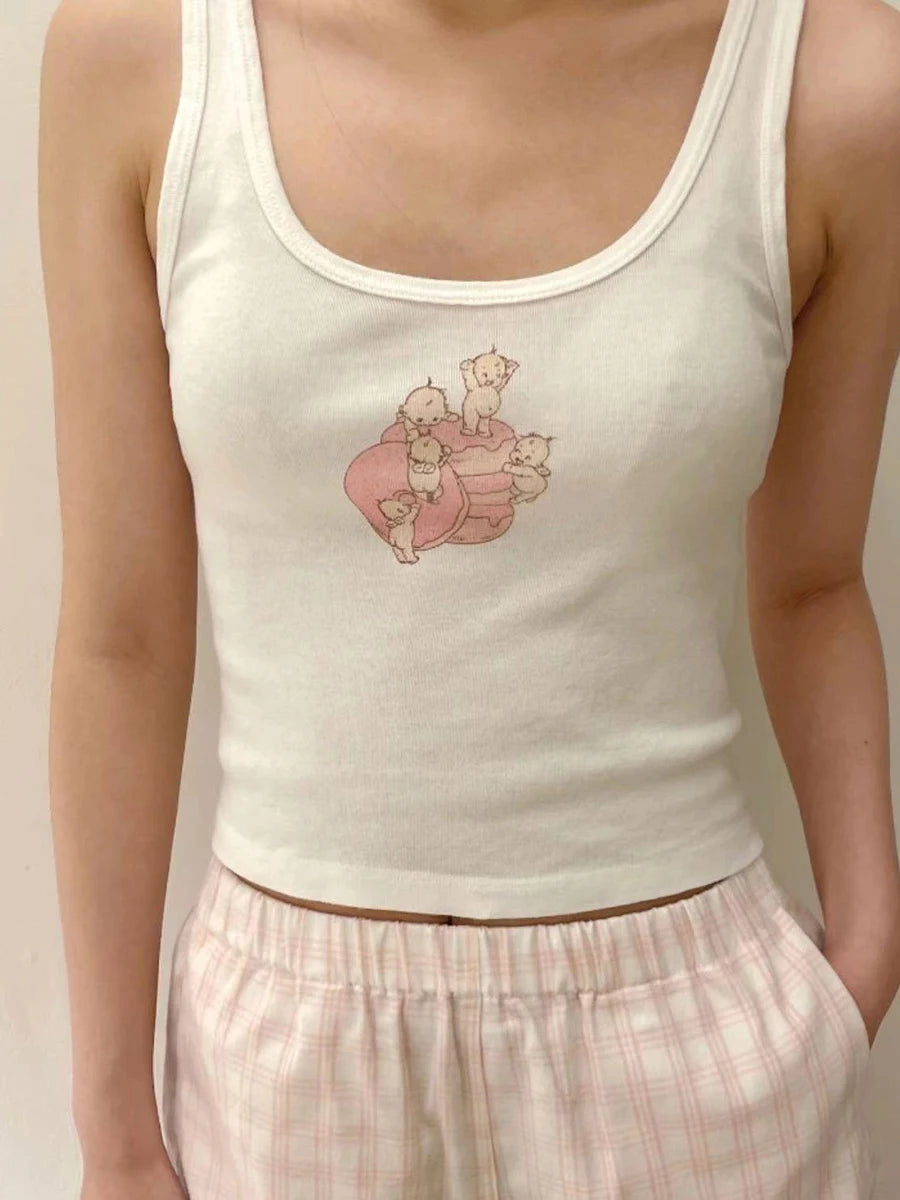 Sweet Angel Print Slim Crop Vests Women Cotton Casual Streetwear Chic Sleeveless Tank Tops Female Cute Chic Vintage Y2K Camisole