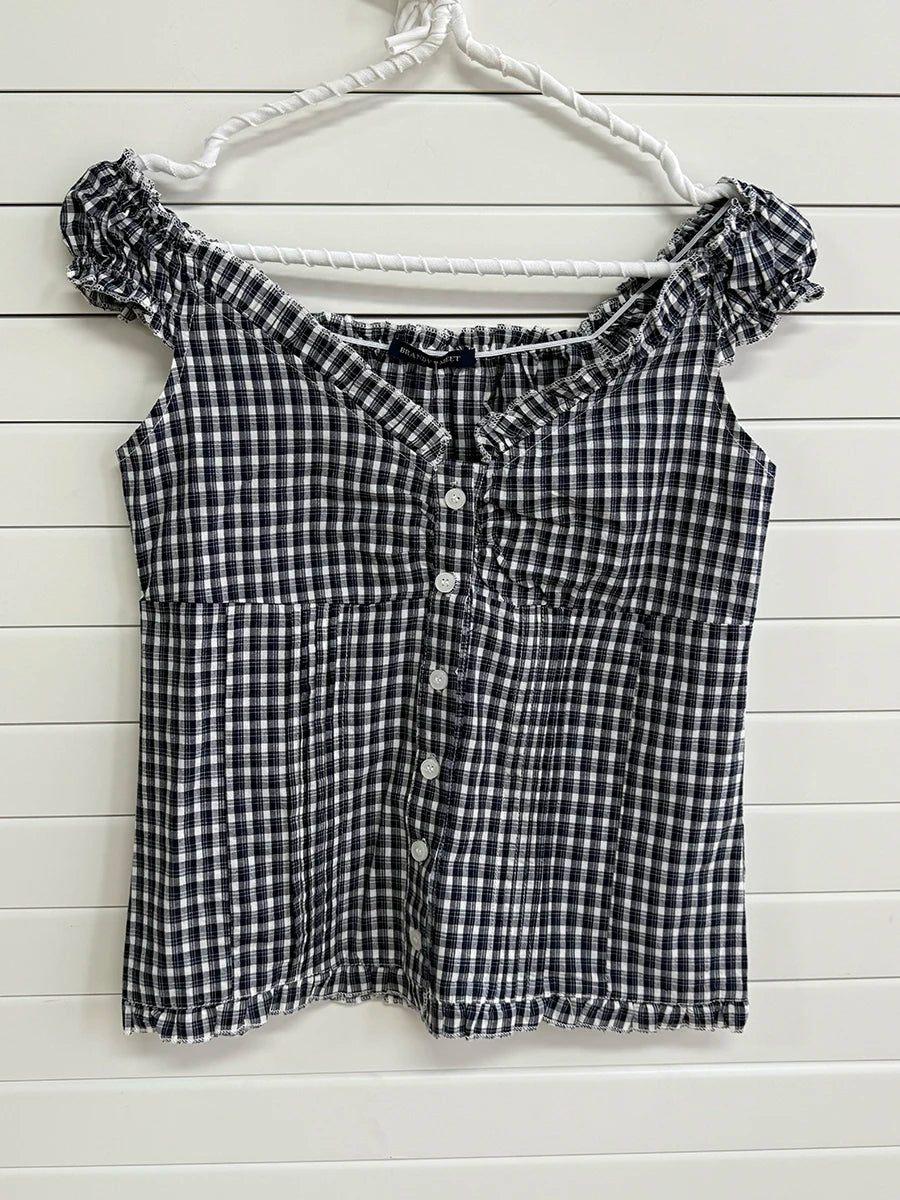 Cute Red Plaid Folds Blouse Tees Women Casual Single Breasted Ruffle Sleeveless Tank Tops Sweet Vintage Preppy Style Camisole