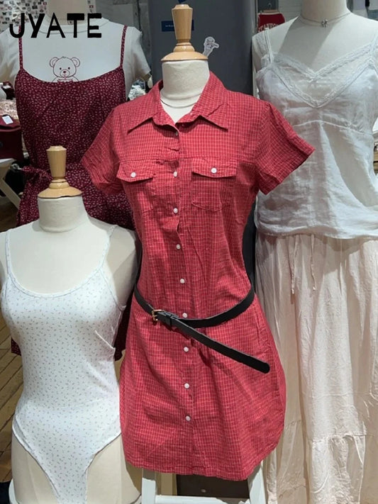Retro Red Plaid Pockets Shirt Dresses Women New Turn Down Collar Single Breasted Short Sleeve Vestidos Sweet Vintage Mini Dress