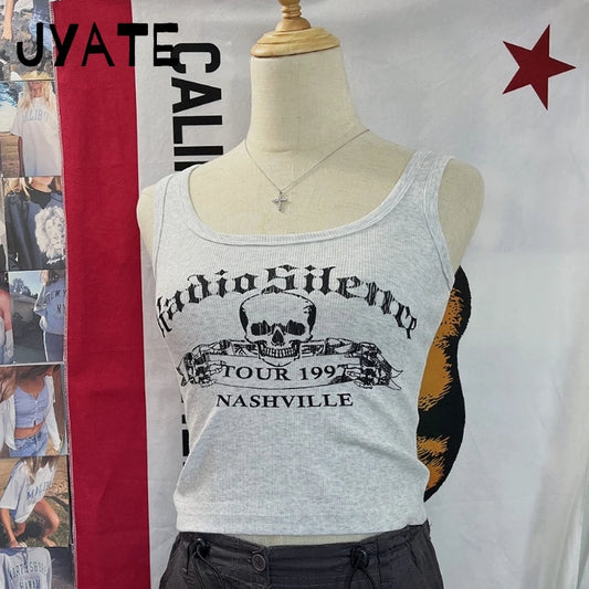 Harajuku Skull Print Ribbed Sleeveless Vests Women Summer New Cotton Streetwear Casual Camis Clothes Vintage Chic Y2K Tank Tops