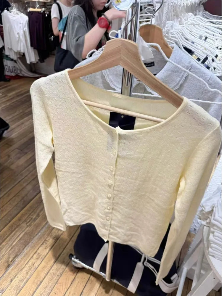 Yellow Eyelet Knitted Cardigan Tops Women Autumn New Casual Cotton Long Sleeve Sweater Sweet Cute Preppy Style T-shirts Coat