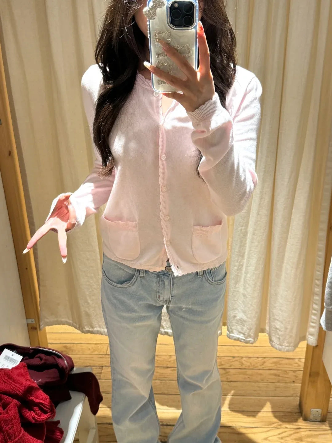 Pink Sweet Pocket Knit Sweater Coat Women Autumn Lace Trim Neck Button Casual Solid Jumper Tops Sweet Cute Preppy Style Cardigan