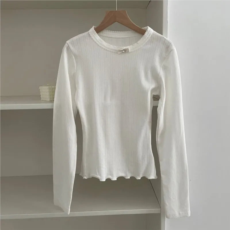 Sweet Lace Trim Long Sleeve Tee Women Summer New Streetwear Casual O-neck Bow Tshirt Tops Vintage Cute Preppy Style T-shirts Y2K