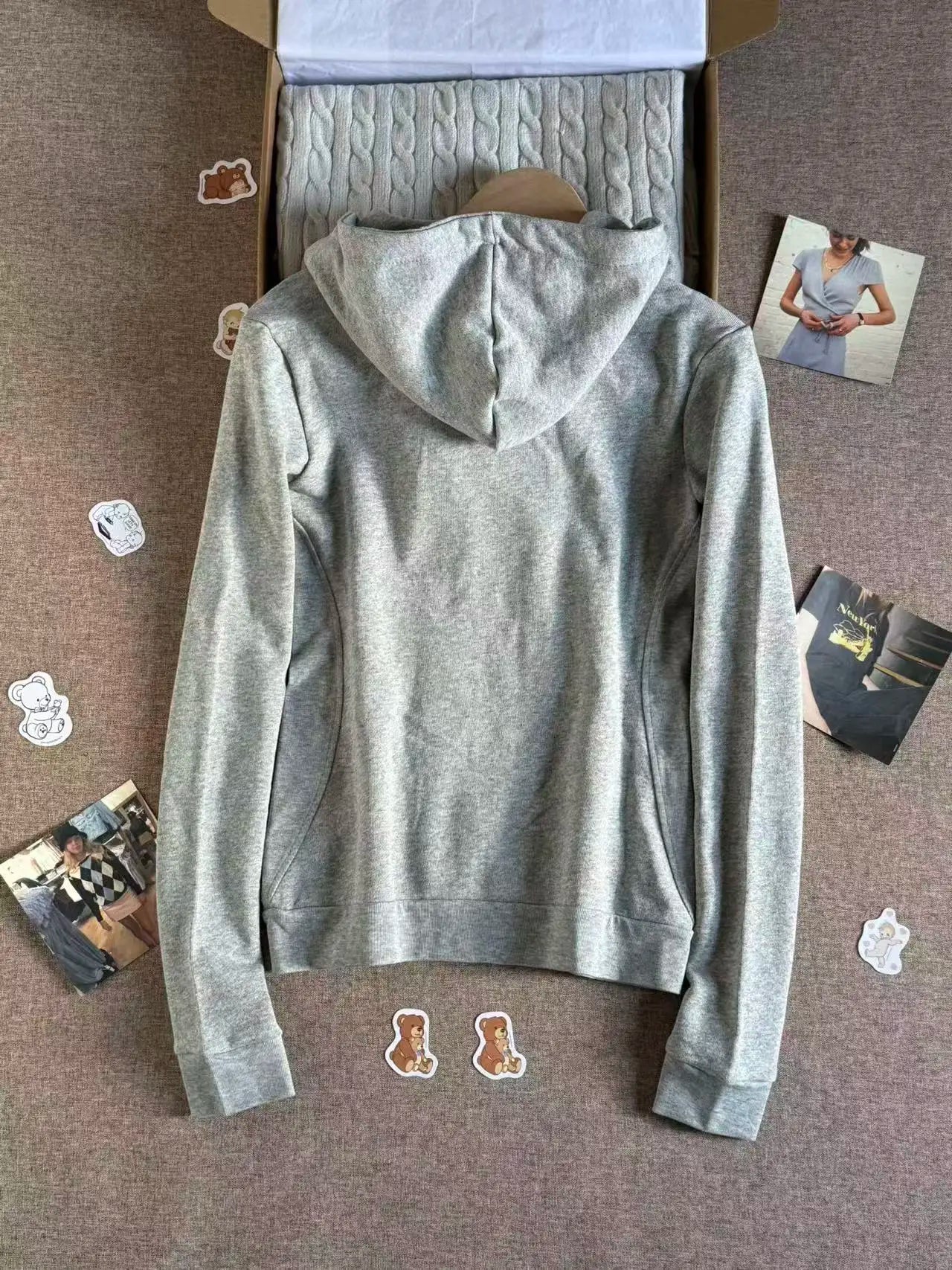 Gray Slim Pockets Zipper Hoodies Women Autumn Casual Drawstring Hoodie Tops Vintage Sweet Preppy Style Slim Y2K Sweatshirts Coat