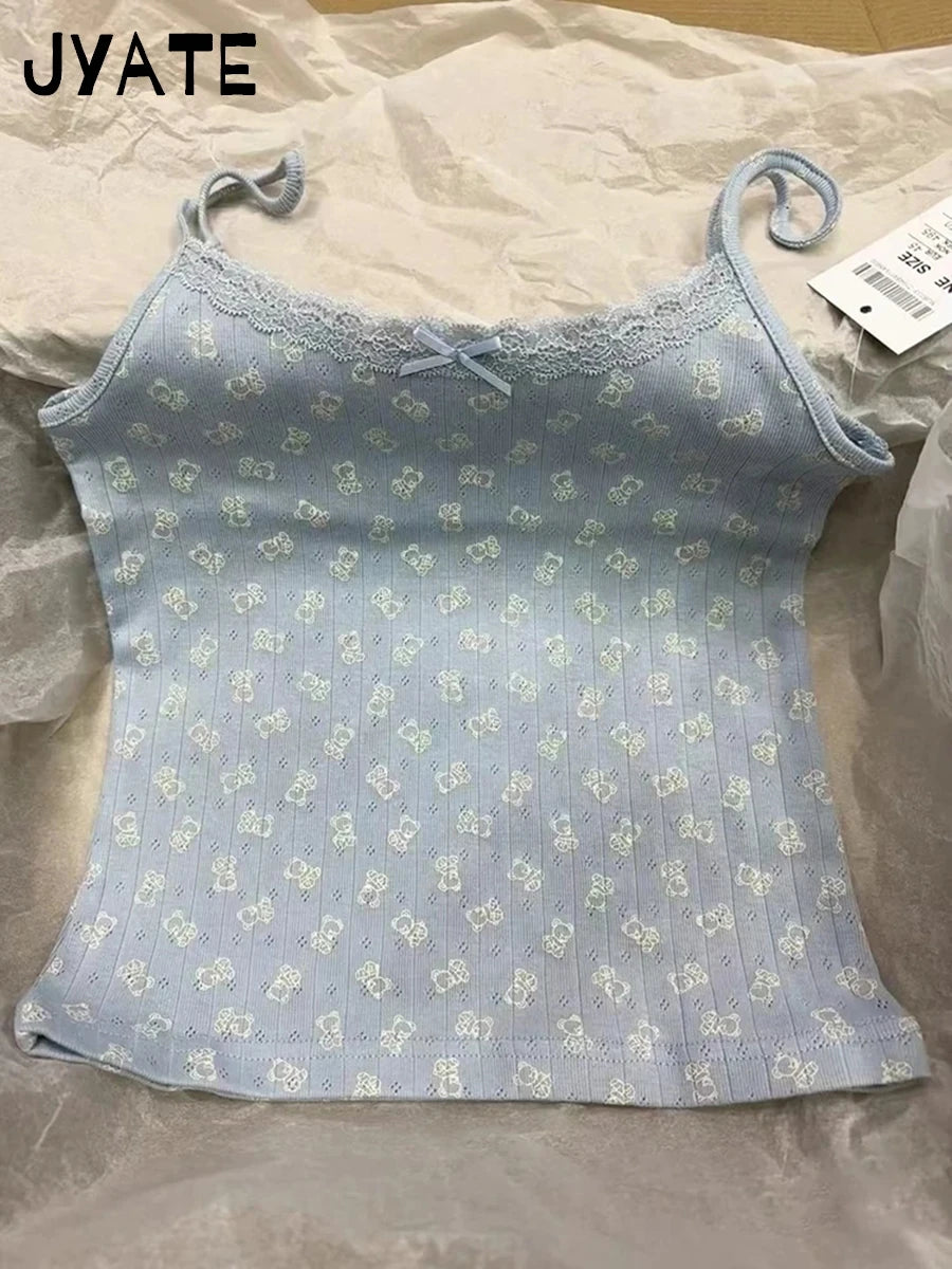 New Cute Little Deer Print Camisole Women Summer Cotton O-neck Simple Casual Slim Cropp Vests Sweet Vintage Chic Tank Tops Y2K