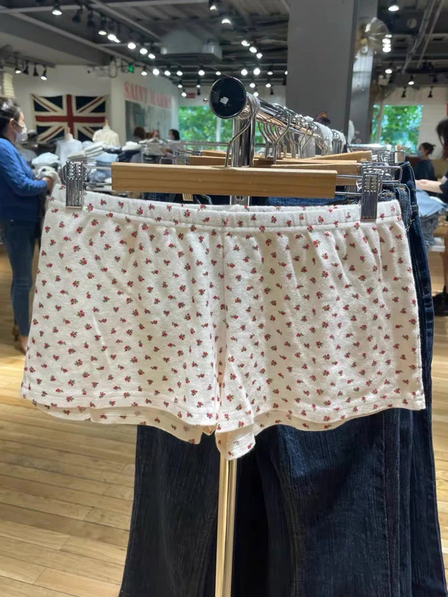 Red Floral Fungus Tank Shorts Pajama Sets Women Summer V-neck Slim Camisole+eyelet Sweatshorts Sweet Cotton Home 2 Piece Outfit