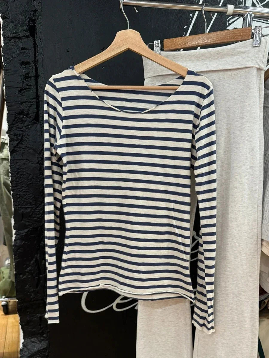 Chic New Navy Striped Long Sleeve T-shirt Woman Autumn Cotton Sexy Slash Neck Raw Hem Tees Casual Vintage Streetwear Y2K Tshirts