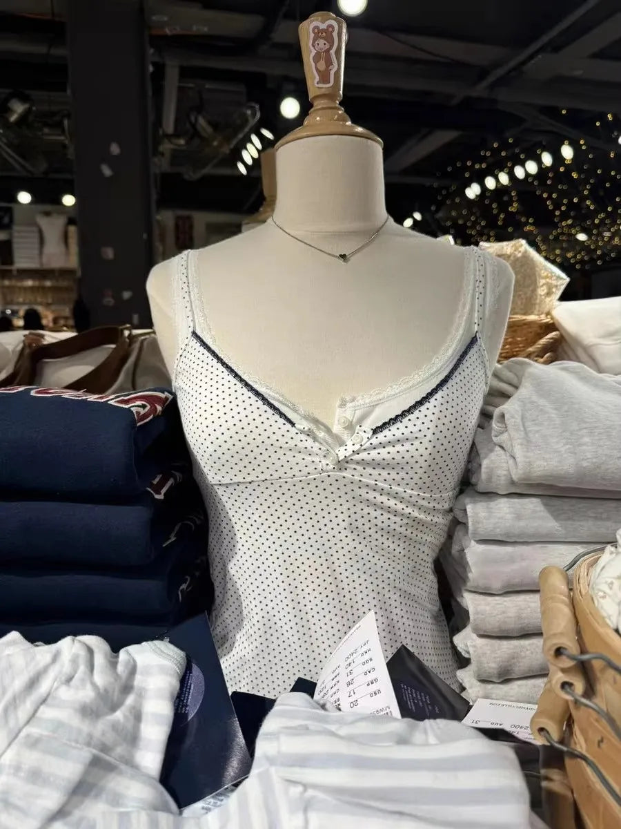 OOTDS Polka Dot White Slim Crop Top Women Navy Lace Trim Two Buttons Cotton Cropped Camisole Sweet Cute Preppy Style Tank Tops