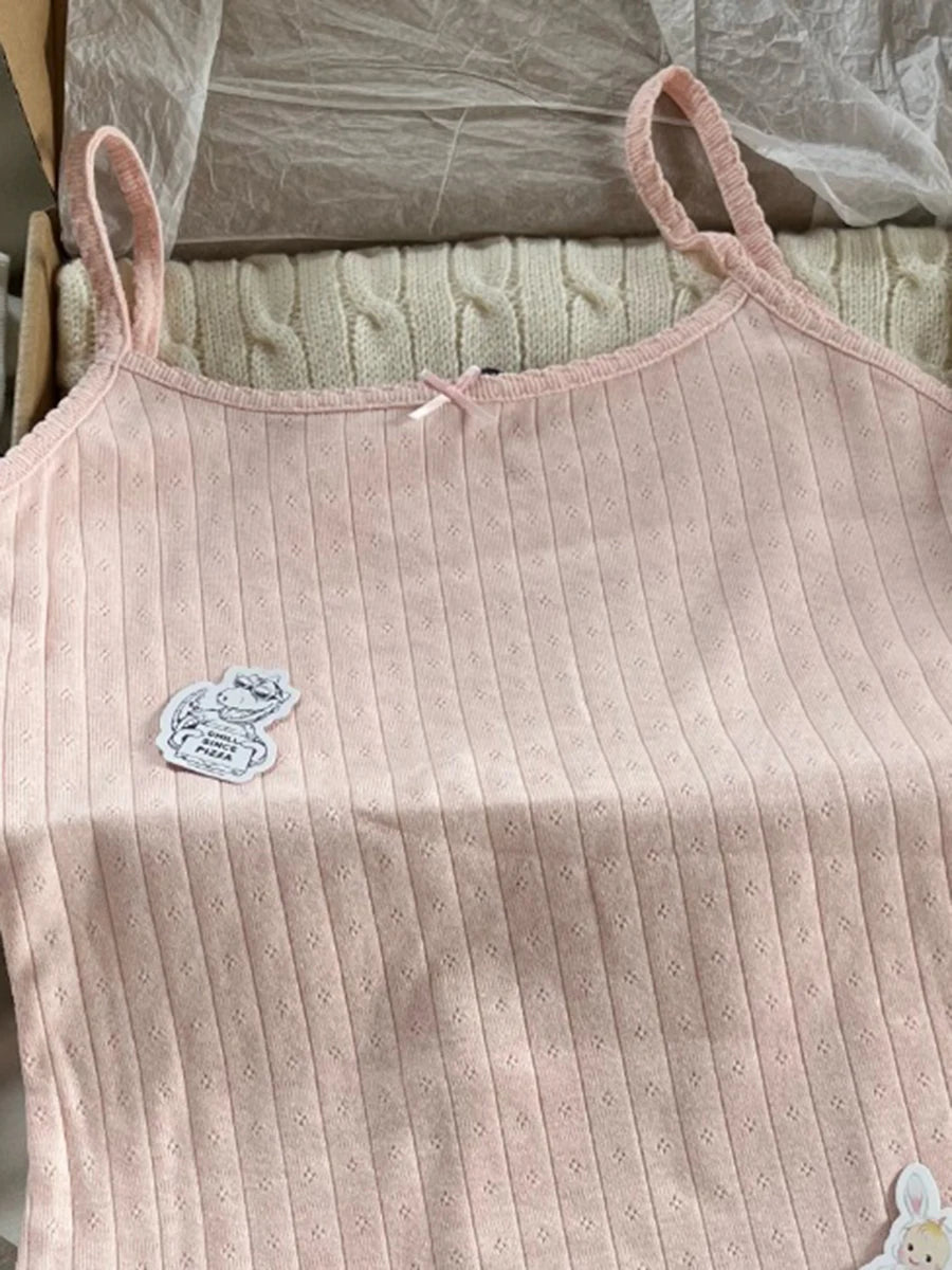 Sweet Pink Eyelet Bow Tank Tops Women Summer Casual Cotton Slim Lace Trim Sleeveless Vests Cute Preppy Style Camisole Y2K Top