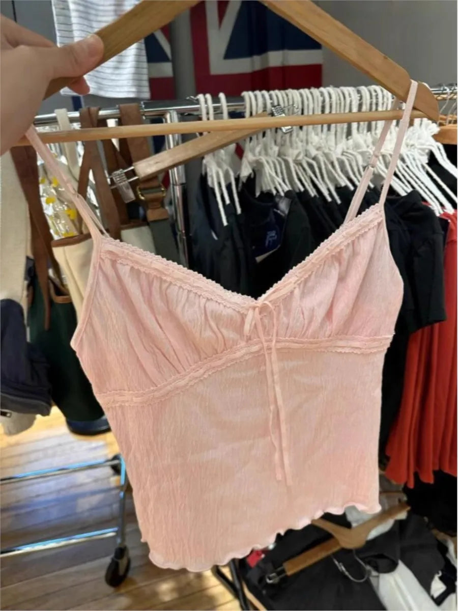 Sweet Pink Folds V-neck Tank Tops Women Summer New Casual Slim Lace-up Sleeveless Vests Cute Preppy Style Simple Camisole
