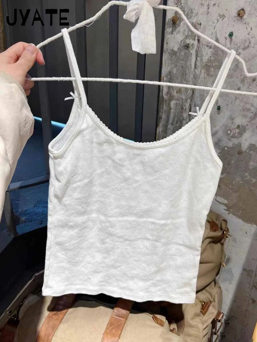 Sweet White Bow Sleeveless Vest Women Summer Cotton Slim Sexy Simple Heart Hollow Out Tank Tops Sweet Vintage Cute Camisole Y2K