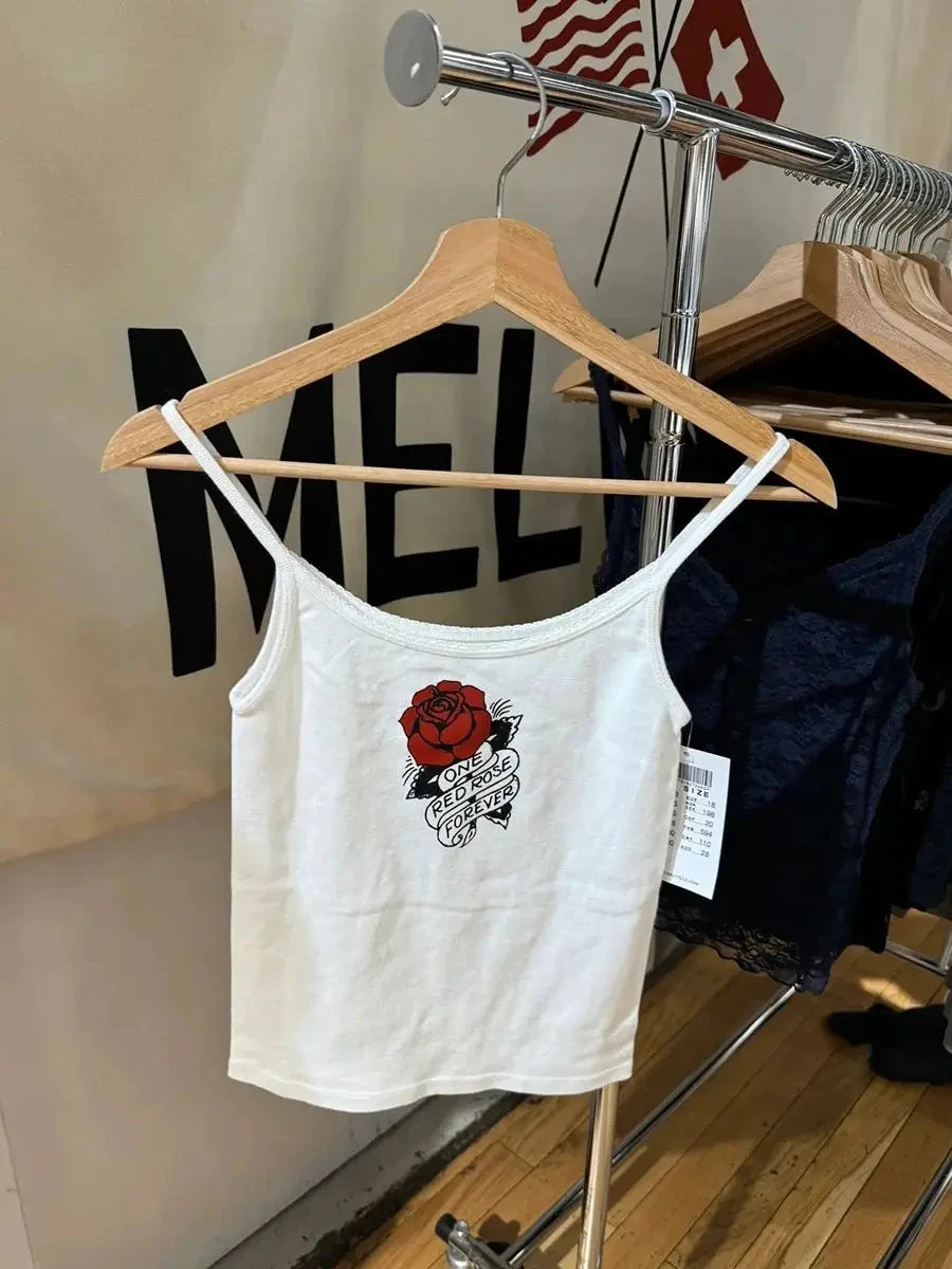 Lace Trim Red Floral Embroidery Crop Top Women White Cotton Slim Sleeveless Camisole Sweet Girls Cute Tank Tops Y2K Clothes New