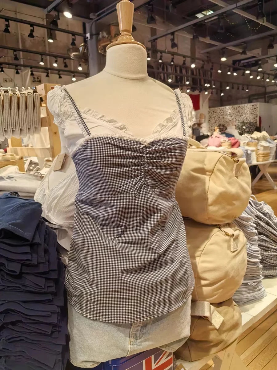 Vintage Plaid Lace Trim Slim Tank Tops Woman Summer Bow Folds Strapless Camisole Female Casual Sweet Preppy Style Vest Y2K Top