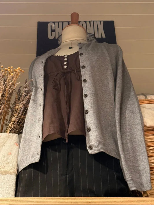 Autumn New Gray Slim Cardigans Women Chic Round Neck Long Sleeve Cotton Sweaters Female Vintage Casual Sweet Cardigan Tops Chic