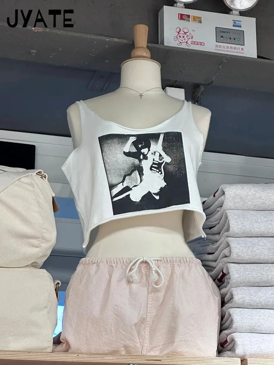 Fashion Guitar Print Raw Hem Cropped Vests Women New Cotton Casual Preppy Style Sleeveless Crop Top Vintage Chic Sweet Tank Tops
